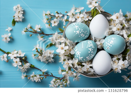 Colorful Easter Eggs, White Flowers on Blue Wooden Background for Spring Celebration Colorful Easter Eggs, White Flowers on Blue Wooden Background for Spring Celebration 131628796