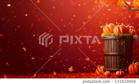 Overflowing wicker basket with cascading pumpkins on red backdrop, ideal for adding text 131629008