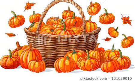 Overflowing wicker basket with pumpkins on white backdrop, allowing space for text or designs 131629010