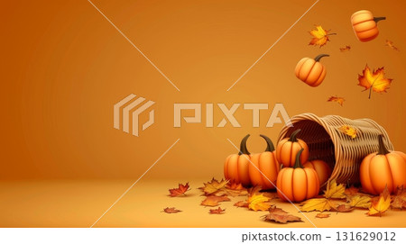 Abundant pumpkins spilling from basket on yellow backdrop, leaving ample room for customized text 131629012