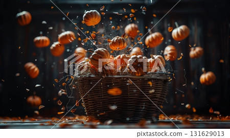 Overflowing wicker basket with pumpkins on black background, ideal for text placement 131629013