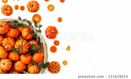 Abundant pumpkin harvest in wicker basket on white backdrop with ample space for additional text 131629014