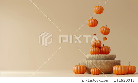 Overflowing harvest  pumpkins spilling from basket on pastel background with room for text 131629015