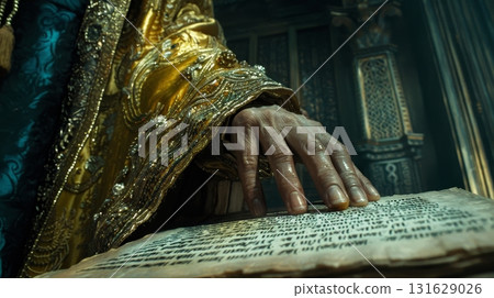 Ancient Wisdom Timeworn Hand On Weathered Scroll, Unveiling Secrets In A Mystical Library 131629026