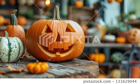 Smiling Jack OLantern on a Rustic Table with Blurry Autumn Background, Halloween Celebration 131629044