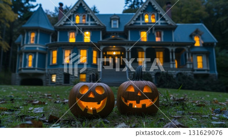 Enchanting halloween pumpkins on lawn at dusk with an old house and glowing windows in backdrop 131629076