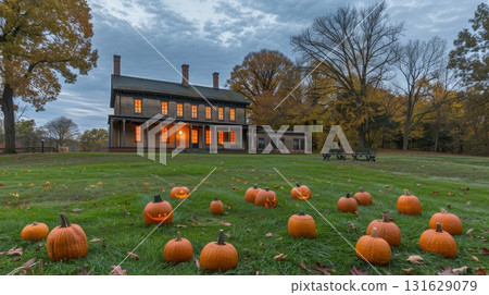 Enchanting halloween pumpkins on lawn at dusk with an old house and glowing windows in background 131629079