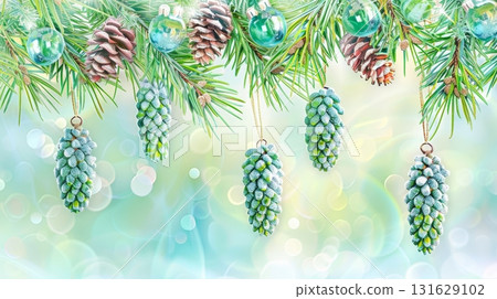 Close up of a christmas tree branch with pine cones and a glass ornament in a winter forest 131629102