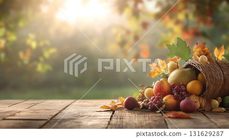Beautiful autumn nature concept. Harvest festival. Fall fruit and vegetables on wood. sunlight background. AI Generated. Beautiful autumn nature concept. Harvest festival. Fall fruit and vegetables on wood. sunlight background. AI Generated. 131629287