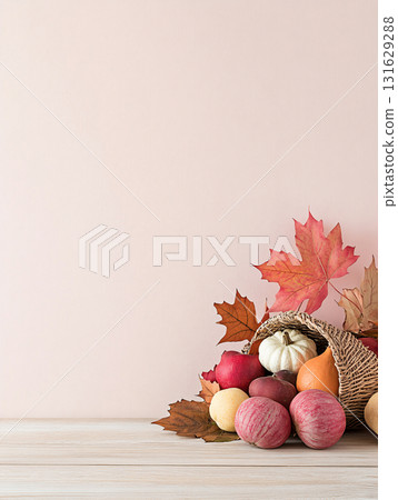 Autumn background with apples, pears, grapes and berries in baskets. Free space for your text. AI Generated. Autumn background with apples, pears, grapes and berries in baskets. Free space for your text. AI Generated. 131629288