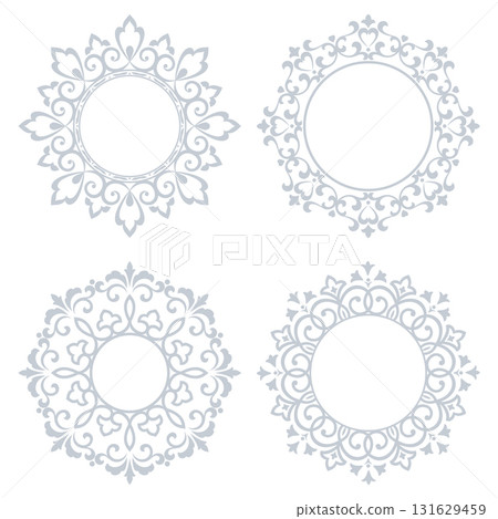 Set of decorative frames Elegant vector element for design in Eastern style, place for text. Floral gray and white borders. Lace illustration for invitations and greeting cards Set of decorative frames Elegant vector element for design in Eastern style, place for text. Floral gray and white borders. Lace illustration for invitations and greeting cards 131629459