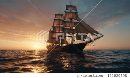 Majestic Tall Ship Sailing at Sunset Over Calm Ocean Waters 131629598