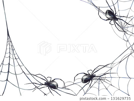 Spiders on cobweb rectangular frame. Watercolor Hand drawn realistic Halloween clipart spider and spider net template. illustration isolated from background. Perfect for scary card, biology design. 131629735