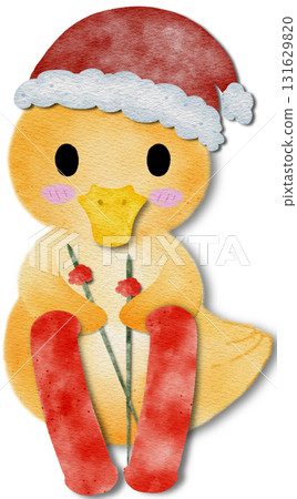 Cute yellow duckling with Christmas decorations and roller skates. Christmas illustration of a yellow duck with scarf and deer's ear. 131629820