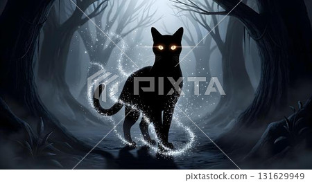 A mysterious black cat roams an enchanted forest, its glowing eyes lighting up the area A mysterious black cat roams an enchanted forest, its glowing eyes lighting up the area 131629949