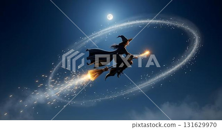 An Enchanting Witch is Flying Gracefully Under the Mysterious Moonlight with Magic Trails 131629970