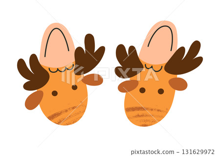 Cute winter slippers with reindeer antlers, flat cartoon vector illustration for Christmas design, cozy holiday accessory, warm seasonal home footwear for decoration, and festive compositions 131629972
