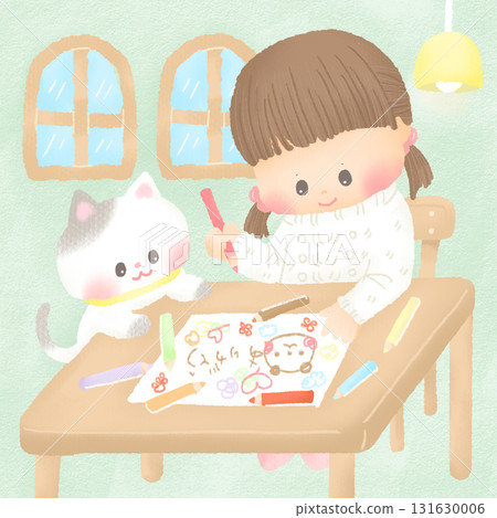 寫感謝信的女孩貓插圖 131630006