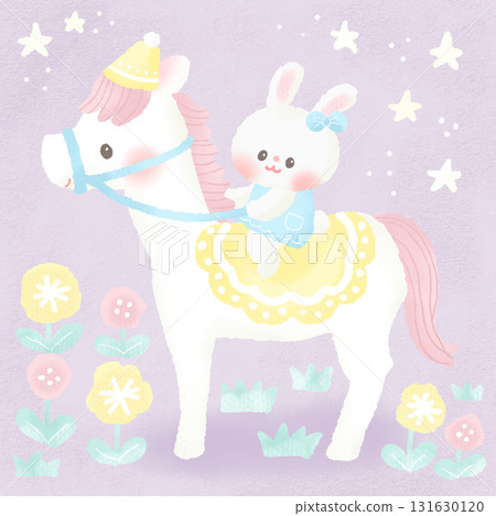 A rabbit riding a white horse, dreamy and cute, pastel colors 131630120