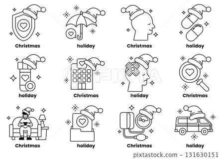 A set of 12 holiday-themed icons, including a man in a Santa hat 131630151