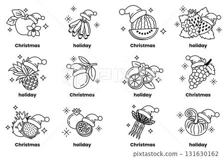 A set of twelve images of fruit and vegetables with the words Christmas, Holiday 131630162