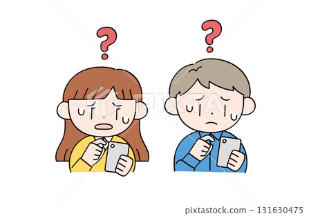 Illustration of two men and women operating smartphones 131630475