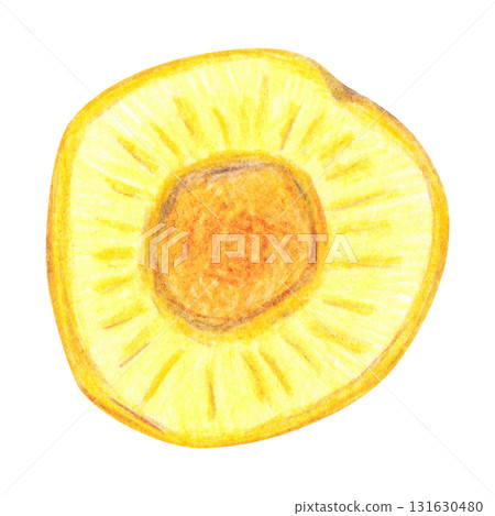 A ripe yellow plum, cut down the middle and pitted. Hand-drawn illustration with colored pencils, cartoonish. Design for stickers, scrapbooking, prints, menus. Fruit, juicy, natural, delicious, half A ripe yellow plum, cut down the middle and pitted. Hand-drawn illustration with colored pencils, cartoonish. Design for stickers, scrapbooking, prints, menus. Fruit, juicy, natural, delicious, half 131630480
