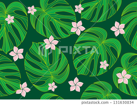 Seamless pattern of tropical monstera leaves and plumeria on a green background. Vector data Seamless pattern of tropical monstera leaves and plumeria on a green background. Vector data 131630834