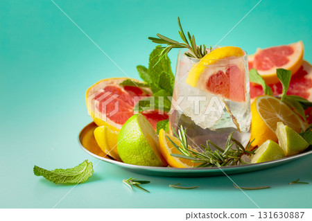 Refreshing summer drink with ice, citrus, rosemary and mint. 131630887
