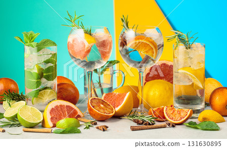 Refreshing summer cocktails with ingredients on a bright colorful background. Refreshing summer cocktails with ingredients on a bright colorful background. 131630895