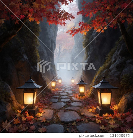Illuminated autumn leaves and lanterns Illuminated autumn leaves and lanterns 131630975