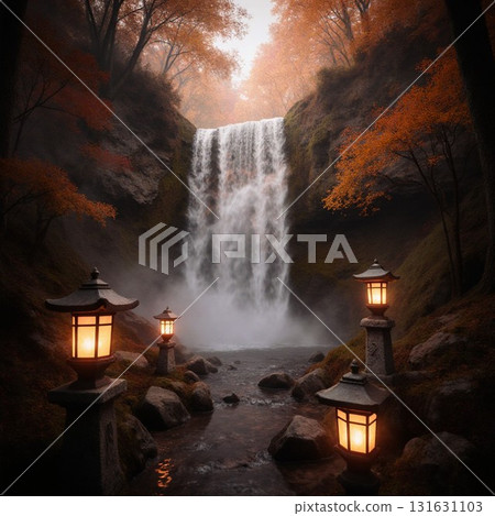 被秋葉染紅的深秋瀑布 131631103