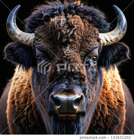 Powerful American bison portrait with horns and curly fur 131631202
