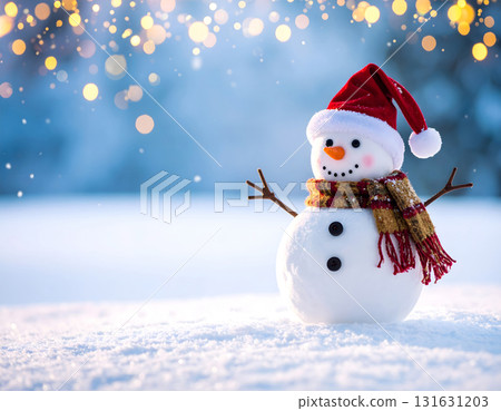 Snowman with scarf and Santa hat under winter lights 131631203