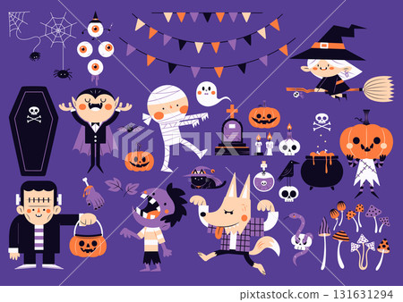 Flat Vector Halloween Party Cartoon Set Flat Vector Halloween Party Cartoon Set 131631294