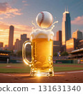 Beer mug with sunset city and stadium in the background Beer mug with sunset city and stadium in the background 131631340