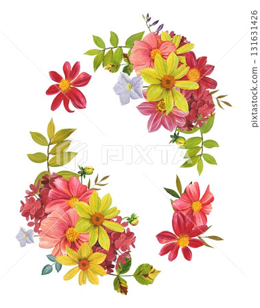 A floral autumn wreath with vibrant dahlias and autumn leaves. Hand drawn watercolor clip art. A floral autumn wreath with vibrant dahlias and autumn leaves. Hand drawn watercolor clip art. 131631426
