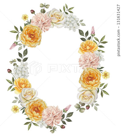 Wreath with autumn flowers. Yellow roses, dahlias, leaves. Hand drawn watercolor illustration. Wreath with autumn flowers. Yellow roses, dahlias, leaves. Hand drawn watercolor illustration. 131631427