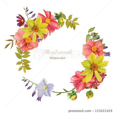 Floral autumn wreath with bright dahlias and autumn leaves. Hand drawn watercolor illustration. 131631429