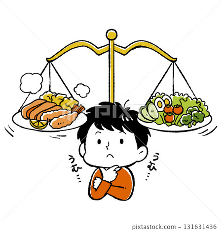 Illustration of a man struggling with dietary balance 131631436