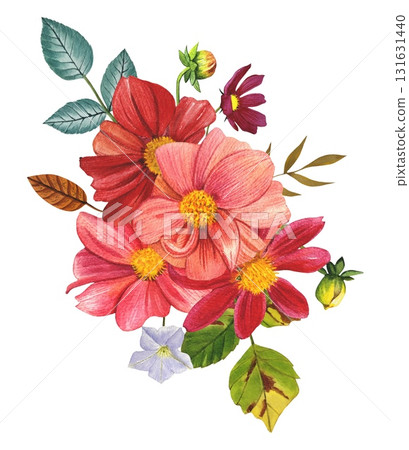 Autumn bouquet. Red  dahlias. An arrangement of vibrant dahlias, autumn leaves. Hand drawn watercolor illustration. 131631440