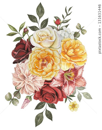 Bouquet with autumn flowers. Red, burgundy, white roses, lily, dahlia, leaves. Hand drawn watercolor illustration. Bouquet with autumn flowers. Red, burgundy, white roses, lily, dahlia, leaves. Hand drawn watercolor illustration. 131631446