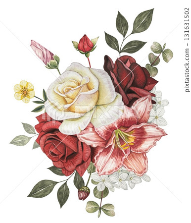 Bouquet with autumn flowers. Red, white roses, lily, leaves. Hand drawn watercolor illustration. Bouquet with autumn flowers. Red, white roses, lily, leaves. Hand drawn watercolor illustration. 131631502
