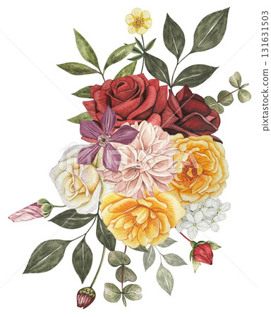 Bouquet with autumn flowers. Red, burgundy, yellow roses, dahlia, clementis, leaves. Hand drawn watercolor illustration. Bouquet with autumn flowers. Red, burgundy, yellow roses, dahlia, clementis, leaves. Hand drawn watercolor illustration. 131631503