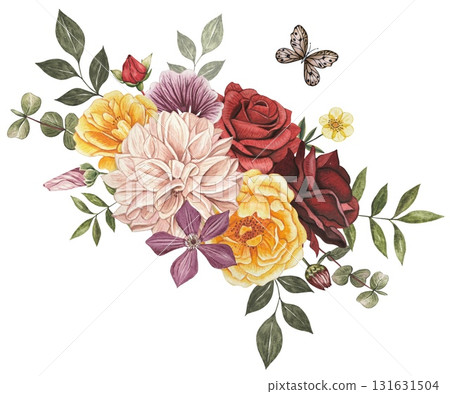 Bouquet with autumn flowers. Red, yellow rose and clementis, dahlia, eucalyptus. Hand drawn watercolor illustration. Bouquet with autumn flowers. Red, yellow rose and clementis, dahlia, eucalyptus. Hand drawn watercolor illustration. 131631504