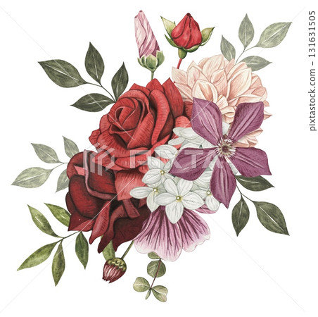 Bouquet with autumn flowers. Red rose, dahlia and clementis. Hand drawn watercolor illustration. Bouquet with autumn flowers. Red rose, dahlia and clementis. Hand drawn watercolor illustration. 131631505