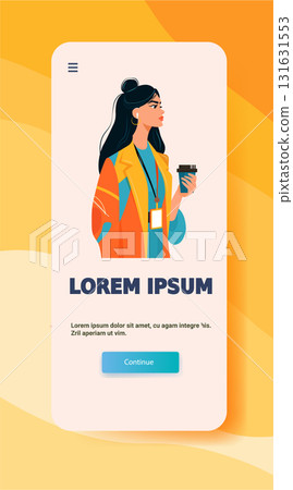 Businesswoman coffee cup modern lifestyle mobile app screen female character stylish outfit abstract yellow background Businesswoman coffee cup modern lifestyle mobile app screen female character stylish outfit abstract yellow background 131631553