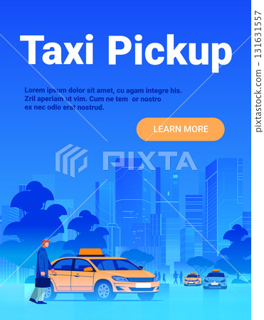 Taxi pickup city transportation service businessperson entering yellow cab urban skyline modern web banner Taxi pickup city transportation service businessperson entering yellow cab urban skyline modern web banner 131631557