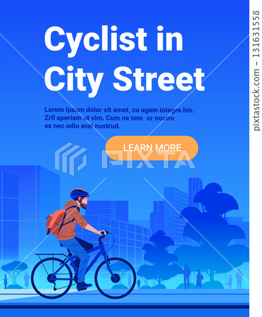 Cyclist riding bicycle modern city street urban landscape buildings trees people blue gradient background website banner Cyclist riding bicycle modern city street urban landscape buildings trees people blue gradient background website banner 131631558
