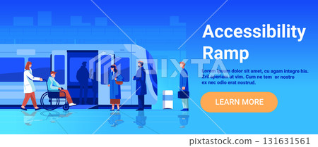 Accessibility ramp public transportation wheelchair user train station diverse people blue background website banner Accessibility ramp public transportation wheelchair user train station diverse people blue background website banner 131631561